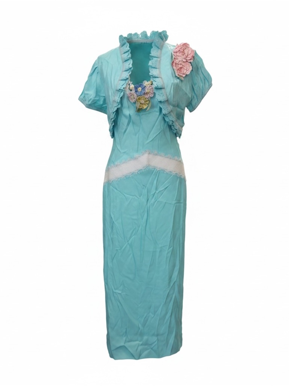 Fillyboo Turquoise Blue Floral Appliqué Midi Dress with a bolero